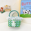 Green checkered handmade straw bag for girls with cute plush bunny and lace trim - Dark Green