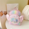 Mini mochila rosa holográfica para niñas con parche de concha y alas decorativas - Rosa
