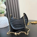 Mini black crocodile pattern crescent bag with pearl handle and gold chain for girls - Without Handle / Black