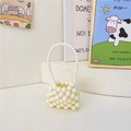 Mini pearl beaded crossbody bag for girls in creamy white with woven handle design - Short Strap Style / Off White