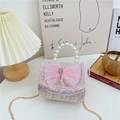 Bolso de tweed rosa para niña con lazo de malla, asa de perlas y correa de cadena - Estilo 1 Rosa