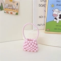 Mini pink handmade pearl woven handbag for girls with beaded handle and cute design - Short Strap Style / Pink