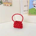 Miniature red handmade pearl bead handbag for girls with woven top handle design - Short Strap Style / Red