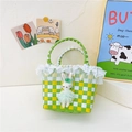 Cute green checkered woven beach bag for girls with lace trim and rabbit doll - Green