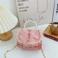 Girls red tweed pearl handbag with pink lace sequin bow and gold chain strap - Style 1 Red
