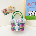 Sac à main tissé pour enfant en damier vert et rose avec dentelle et lapin peluche - Rose Vert Contraste