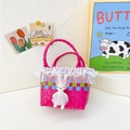 Sac de plage rose tissé main pour filles avec lapin mignon et bordure en dentelle - Rose rouge