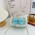 Green tweed girls crossbody bag with large blue bow and pearl handle detail - Style 2 Green