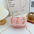 Pink tweed girls handbag with pearl handle and large lace bow decoration - Style 2 Red
