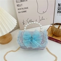 Blue sequin tweed girls purse with pearl handle and large glittery bow decoration - Style 2 Blue