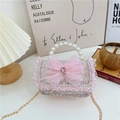 Pink tweed girls mini crossbody bag with pearl handle, lace bow, and golden chain strap - Style 2 Pink