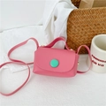 Mini bright pink PU leather girls crossbody bag with green round buckle detail - Rose Red