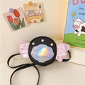 Black sequin girls crossbody bag with iridescent shell, pearls, and pink wing details - Black