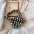 Mini silver metallic beaded handbag for girls with integrated pearl-style woven handle - Silver