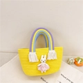 Yellow handwoven straw basket for kids with rainbow handle and cute plush bunny charm - Yellow Rabbit
