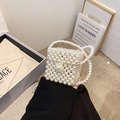 Girls' white faux pearl beaded mini square bag with elegant long chain and top handle - Cube White Buckle
