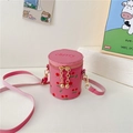 Pink cylinder cherry print crossbody bag for girls with gold zipper and PU leather strap - Rose Red