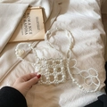 Handmade woven mini pearl crossbody bag for girls with a vintage white beaded strap - White