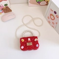 Red quilted silicone mini bag with cartoon charms and elegant pearl crossbody chain - Red