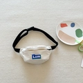 Kids' mini white canvas waist bag with blue letter patch and adjustable strap - White