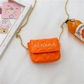 Vibrant orange quilted PU leather girls chain crossbody bag with golden metal logo - Orange