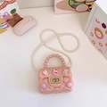 Mini bolso de silicona rosa con diseño acolchado, adornos de dibujos y asa de perlas - Rosa