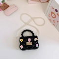 Cute black quilted mini flower handbag for girls with cartoon patches and pearl handle - Black