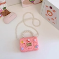 Pink rabbit silicone crossbody bag with pearl handle and floral charms for girls - Pink