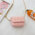 Pink quilted mini crossbody bag for girls with gold chain strap and letter emblem - Pink