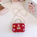 Cute red quilted crossbody bag for girls with pearl handle and cartoon rabbit charms - Red