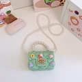 Mint green silicone girls handbag with quilted pattern, cartoon charms and pearl strap - Green