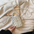 Mini pearl woven crossbody bag for girls with drawstring inner bag and pearl chain strap - Large / White