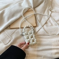Elegant white pearl woven crossbody bag with round handles and long strap for girls - Small / White