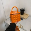 Mini orange quilted crossbody bag with stylish rivets and gold chain for girls - Orange
