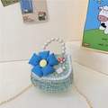 Green sequin girls handbag with pearl handle, blue fabric flower and gold chain strap - Flower Style Green