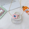 Girl's mini sequin handbag with pink flower, pearl handle and gold chain strap - Flower Style White