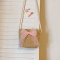 Kids mini straw crossbody bag in natural color with a pink organza bow and pearl details - Khaki with Pink