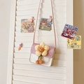 Pink and white PU leather mini crossbody bag with yellow sunflower and pompons for kids - White and Pink