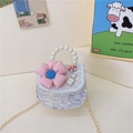 Girls silver sequin mini handbag with large pink flower and pearl handle strap - Flower Style Blue