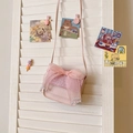 Pink glitter mini crossbody bag for girls featuring a large mesh bow and pearl charms - Pink Bowknot