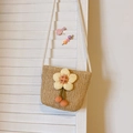 Handmade straw crossbody bag for girls with large floral ornament and cotton strap - Khaki Flower