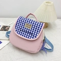 Pink striped corduroy kids backpack with blue checkered flap and embroidered bear text - Pink