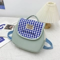 Children's light green corduroy backpack with blue plaid flap and cute embroidery - Green