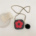 Black mini crossbody bag for girls with red flower detail and black pompom charm - Black