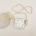 White girls flower square crossbody bag with gold chain strap and plush pompom charm - White