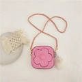 Pink floral crossbody bag for girls with gold chain strap and white plush ball accessory - Pink