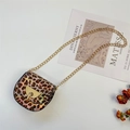 Mini girls leopard print saddle bag with glossy finish and gold chain strap - Leopard Pink