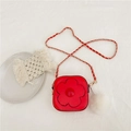 Red square crossbody bag for girls with large floral detail and plush pompom charm - Red