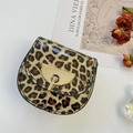 Mini leopard print saddle bag for girls featuring glossy finish and gold twist lock - Khaki Leopard Print