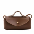 Chic brown mini leather crossbody bag for kids with vintage gold rivets and button - Horizontal Coffee